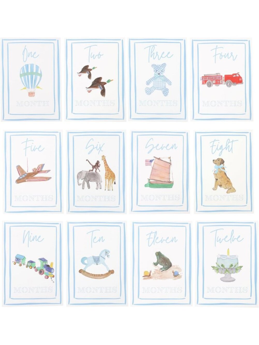 Watercolor Baby Boy Milestone Cards - Monthly Growth Tracker for Newborns
